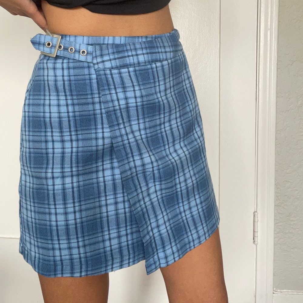 Brandy Melville Blue John Galt Plaid Mini Skirt with Adjustable Buckles